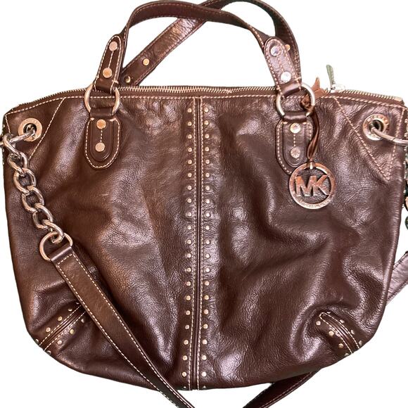 Michael Kors Uptown Astor Dark Brown Studded Leather Shoulder Handbag - Picture 2 of 12